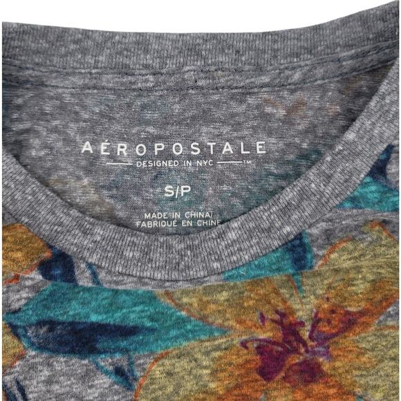 Aeropostale Floral Print T-Shirt S/P Tropical Gray Yellow Teal Short‎ Sleeve - Picture 2 of 4